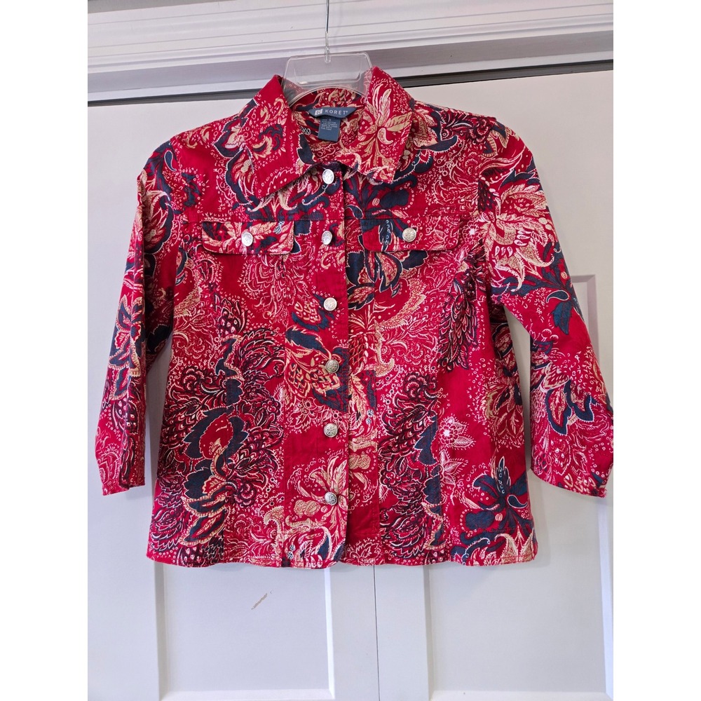 Vintage Koret Womens Red Paisley Floral Button Front Jacket 3/4 Sleeve  Small